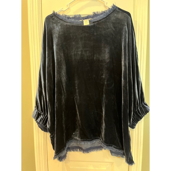 Sundance Tops - Sundance Silk Blend Velvet Blouse Navy Blue Fringe Trim Dolman Sleeve Top L b3